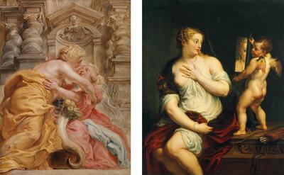  Peter Paul Rubens, Venus en Amor, 1606-1611, olieverf op doek, Vrede omarmt Overvloed, 1633-1634, olieverf op paneel.