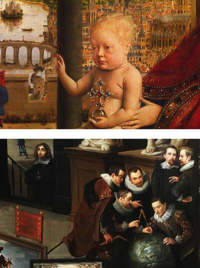 Enkele details uit het boek ‘Meesterwerk’ : Jan van Eyck, De Madonna met kanselier Nicolas Rolin (Louvre, Parijs) Willem van Haecht,   De constkamer van Cornelis van der Geest (RUBENSHUIS, ANTWERPEN)