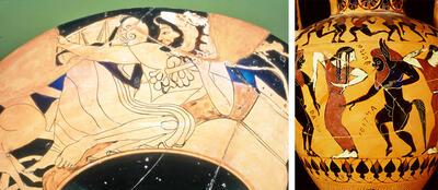 Drinkschaal met handelsmerk en afbeelding van Herakles, Dionysos en saters, gemaakt in Athene, roodfigurig aardewerk, 525-475 v.Chr., Etrurië ALLARD PIERSON MUSEUM, AMSTERDAM Amfoor met afbeelding van saters en bacchanten, gemaakt in Euboea (GR) of Reggio di Calabria Zwartfigurig aardewerk, 560 tot 550 v.Chr ., Vulci, RIJKSMUSEUM VAN OUDHEDEN, LEIDEN