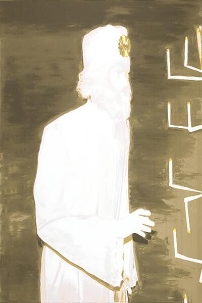 Luc Tuymans, The worshipper, 2005, H. 105 x B 75 cm, zeefdruk op 270 gram BFK Rives papier Amman residentie,  ambassade,