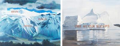 Johan Clarysse, Suspicious landscapes (Deus, patria, familia), 2012, acryl en olieverf op doek, 140 x 180 cm Suspicious landscapes (CBK never sleeps), 2012, acryl en olieverf op doek,