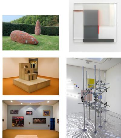 Met de klok mee: werk van Maarten Van Den Eynde, Maria Dukers, Rémi Tamburini, Nick Andrews en Renato Nicolodi op de ‘Doe Stil Voort’-tentoonstellingen, sinds 2007, Felixart