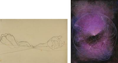 Christus aan het kruis, 1936, potlood op papier, De Zelfgave, 1980, olieverf op hardboard,