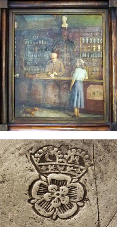 Apotheekmuseum in Maaseik, Guillaume Van Venckenray en helpende zus Marie, geschilderd door zijn schoonzuster, Gekroonde Tudorroos met de initialen CM (Charles Mentens)