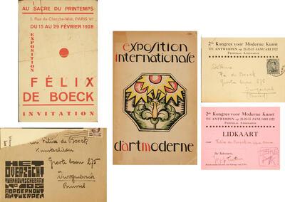 Uitnodigingskaart tentoonstelling ‘Au sacre du Printemps’, Brief van Jozef Peeters aan Felix De Boeck, Catalogus ‘Exposition Internationale d’Art Moderne’, Genève, 1920, Uitnodigingskaart en lidkaart voor het ‘Tweede Congres voor Moderne Kunst’, felixart,