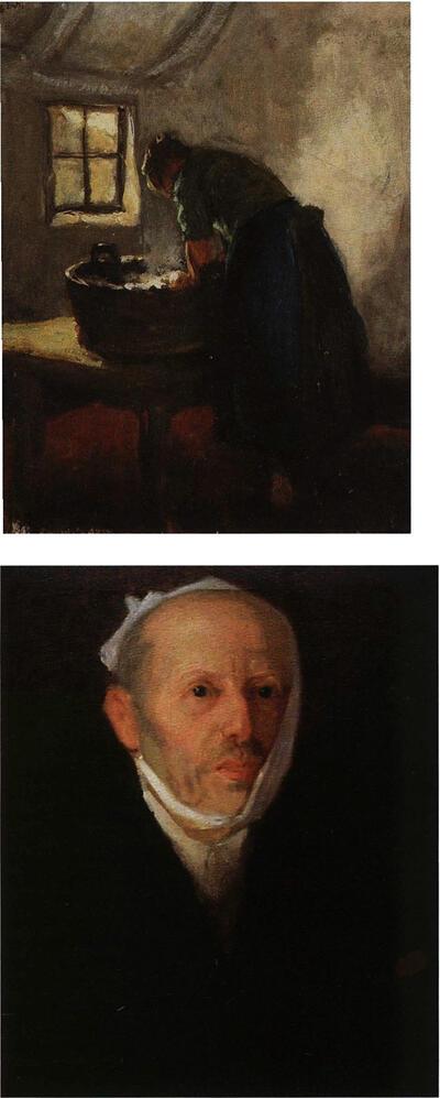 Jakob Smits, Vrouw aan de wastobbe, 1886, olie op paneel,, Joseph Bouuaert, Portret van Jakob Smits, 1927, olie op doek,