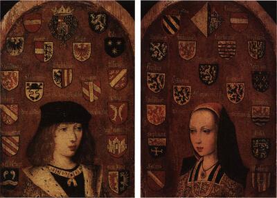Dames met klasse, Schilderijtjes die dienst deden als een aanbeveling van de territoriale en strategische voordelen die een verbond met de geportretteerden met zich zou meebrengen Atelier van Pieter van Coninxloo (?), Diptiek met Filips de Schone en Margareta van Oostenrijk, omstreeks 1495,