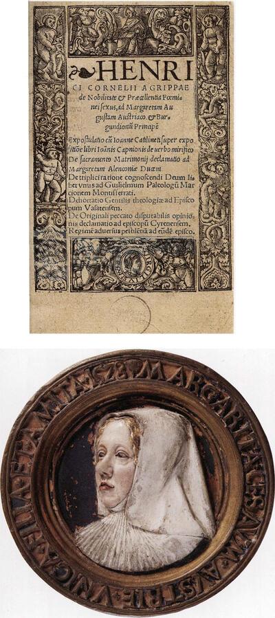  Henricus Cornelius Agrippa ( 1486-1535 ), De nobilitate et praecellentia foeminei sexus, Conrat Meit (1470/1485-1550/ 1551 ), medaillon met borstbeeld van Margareta van Oostenrijk, dames met klasse,