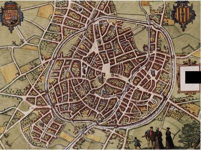 Kaart van de stad Mechelen, gravure naar een tekening door Joris Hoefnagel, in: Georg Braun en Frans Hogenberg, Civitates Orbis Terrarum, Liber primus, Keulen, 1572 Mechelen, Stadsarchief