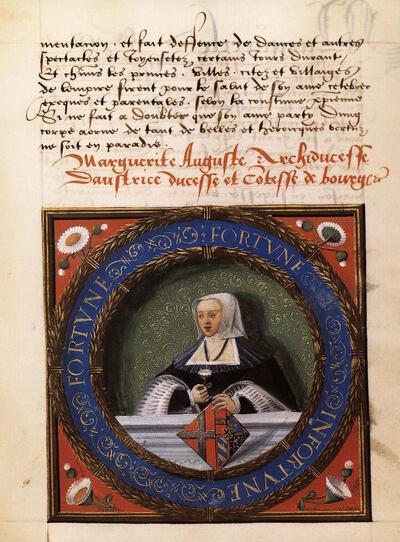 Dames met klasse, Margareta van Oostenrijk in een medaillon met haar motto in: Jean Franco, La genealogie de l'empereur Charles yme de ce nom, de don Fernande, roy d'Ongrie et celle de madite Dame, Zuidelijke Nederlanden, tussen 1527 en 1530,