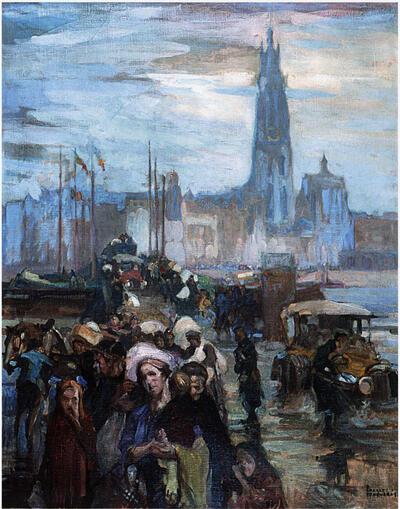 "Militair irrelevant maar wel ontroerend" Charles Fouqueray (1872-1956), De vlucht uit Antwerpen (z.d.), Olieverf op doek 