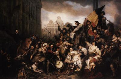 Gustaf Wappers,Tafereel van de Septemberdagen 1830 op de grote Markt te Brussel, 1835,  Olieverf op doek,
