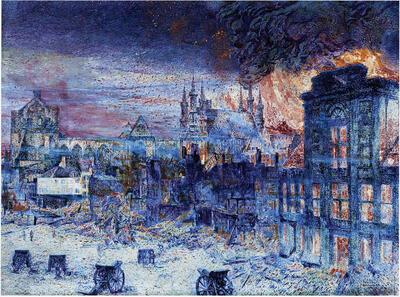 "Een drama in al zijn facetten" Franz Gailliard (1861-1932), De brand van Leuven (1914), Olieverf op doek 