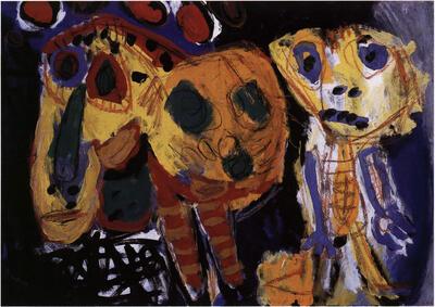 Karel Appel, Dier en kind op blauwe achtergrond, 1953, gouache, Koninklijk Museum voor Schone Kunsten Antwerpen