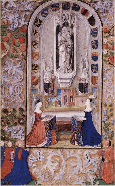 Margareta van York en Maria van Bourgondië in aanbidding voor het altaar van de heilige Anna, in: omgeving van de Weense Meester van Maria van Bourgondië, Register van het Gentse Gilde van de heilige Anna, Gent, 1477 Windsor,