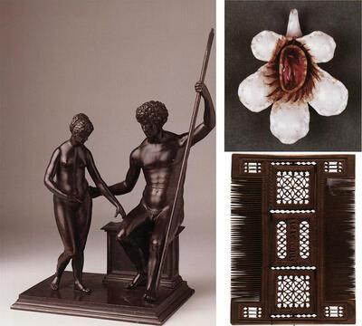 Conrat Meit, Mars en Venus, Deze borstspeld in de vorm van een grote witte bloem is een heel bijzonder sieraad, niet alleen wegens de hoogstaande emailleertechniek, maar ook wegens de zeldzame roze toermalijn.Kam met ajourversiering, Noord-Frankrijk, Dames met klasse,