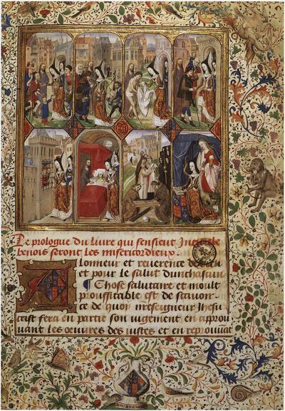 De zeven werken van barmhartigheid en Margareta van York in aanwezigheid van haar patroonheilige, in: Nicholas Finet, 