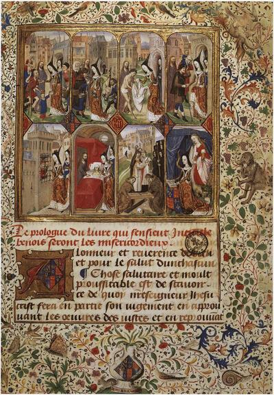 De zeven werken van barmhartigheid en Margareta van York in aanwezigheid van haar patroonheilige, in: Nicholas Finet,
