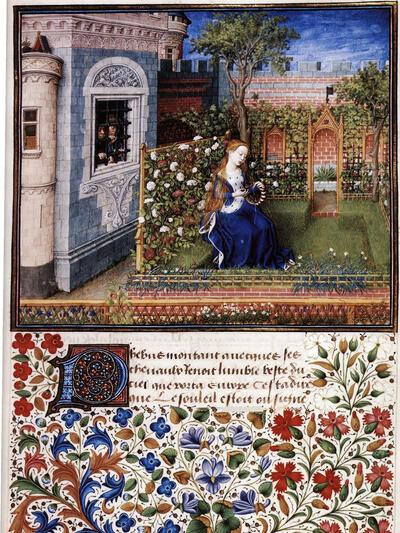 Dames met klasse, 3 De amazone Emilia zittend in een besloten tuin en gadegeslagen door Arcita en Palemone, in: Giovanni Boccaccio, Théséide, Barthélemy van Eyck en de Meester van de Gentse Boccaccio, Anjou, omstreeks 1460 Wenen,