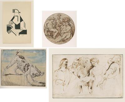 Tour (Marthe) Donas, (1885-1967), Kind met speelgoed, 1920, Joannes Fijt (1611-1661), Blaffende Hond, Pieter de Jode (1570-1634), Venus Bacchus, Ceres en Cupido, Antoon van Dyck (1599-1641), Christus en de overspelige vrouw, prentenkabinet,