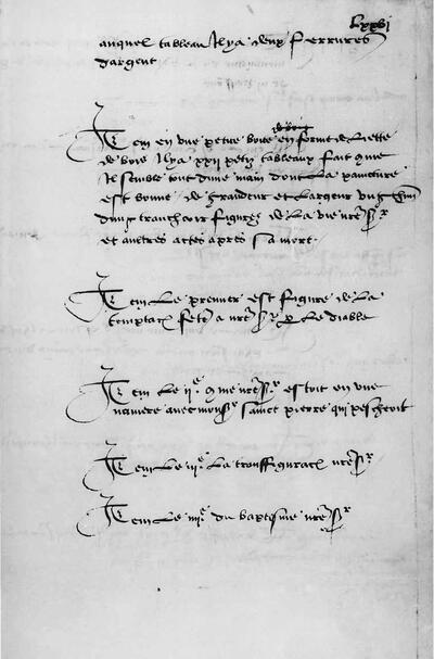 Dames met klasse, Bladzijde met de beschrijving van panelen uit het altaarstuk voor Isabella van Castilië door Juan de Flandes, in: Inventaris van de bezittingen van Margareta van Oostenrijk in haar residentie in Mechelen, 9 juli 1523 - 17 april 1524