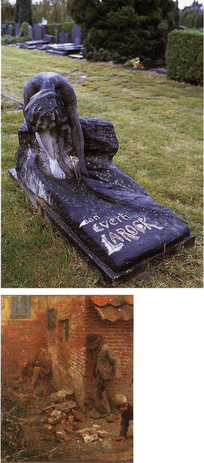 Boezemvrienden. Arthur Pierre maakte het grafbeeld voor Evert Larock. Getuige van een te vroeg gestorven talent: Evert Larock, De onnozele, 1892, olieverf op doek. Parkbegraafplaats Schoonselhof.