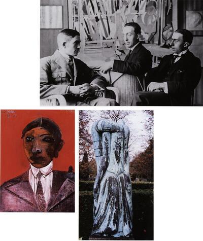 Vrienden tijdens het leven: Paul van Ostaijen, Floris en Oscar Jespers in het atelier van Floris Jespers in Oude God tijdens de Eerste Wereldoorlog. Is deze Dandy (1949/50) van Floris Jespers het portret van Paul van Ostaijen? Staande engel van Oscar Jespers op het graf van Anaïs, echtgenote van Frans Franck, voorzitter van Kunst van Heden. Parkbegraafplaats Schoonselhof,