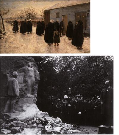 Theodoor Verstraete, Naar de dodenwake, 1889-1891, olieverf op doek. Guillaume Charlier maakte een herdenkingsteken voor zijn vriend Theodoor Verstraete. Het was te groot voor Schoonselhof en kreeg een plaats in het Stadspark. Foto van de onthulling van het monument. Stadsarchief Antwerpen