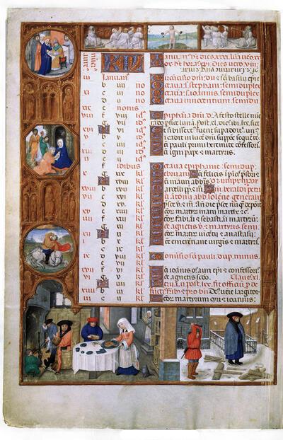 Christus verschijnt bij het meer van Tiberias, gehistortieerde randversiering uit Breviarium Mayer van den Bergh, Gent-Brugse school, ca. 1500 