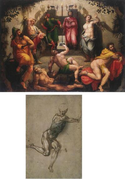 Michiel Coxcie, De grot van Plato, 1530-1539, olieverf op paneel, Michelangelo, Soldaat uit de slag van Cascina, 1504 - 1505, inkt op papier,