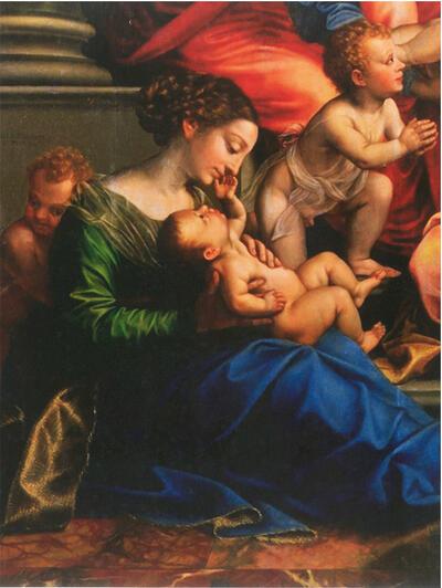 Michiel Coxcie, (detail) De Maagschap van de heilige Anno, 1540, olieverf op paneel,