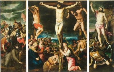 Michiel Coxcie, Triptiek met de calvarie, geschonken door abt Philippe de Hosden, I 5 7 I, olieverf op paneel,
