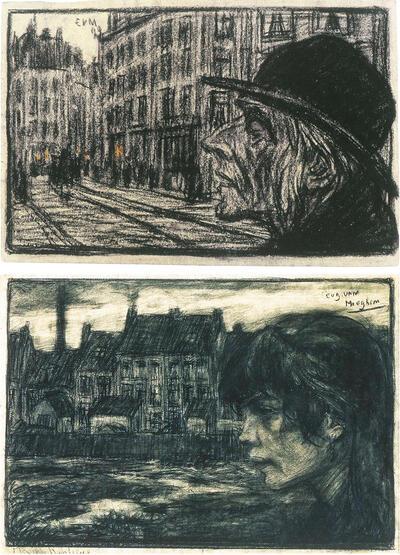 Eugeen Van Mieghem, De Blinde, 1899, zwart en rood krijt, Fleur  de Banlieue, 1901, gekleurd krijt,