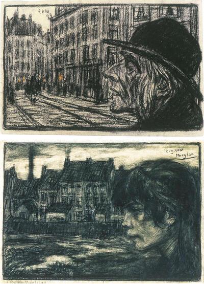 Eugeen Van Mieghem, De Blinde, 1899, zwart en rood krijt, Fleur de Banlieue, 1901, gekleurd krijt,