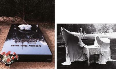 Het graf van Remy Cornelissen met het beeld Johannes op Patmos. Het kunstwerk werd in 1993 gestolen. Spookgestalten waren lievelingsfiguren van Charles-Albert Szukalski, Dialoog, 1974, polyester. Parkbegraafplaats Schoonselhof,