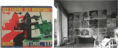 Le Corbusier, Cover van 'Des Canons, des munitions? Merci! Des Logis  S.V. P.' in: 'L'Architecture d'aujourd'hui', Boulogne, 1938, Marius Gravot (werkte met Le Corbusier van 1930 tot 1933), Le Corbusier en Pierre Jeanneret, Zwitsers paviljoen, Cité internationale universitaire, Parijs, 1929-1933, fotofresco in de 'salie courbe', 1933 