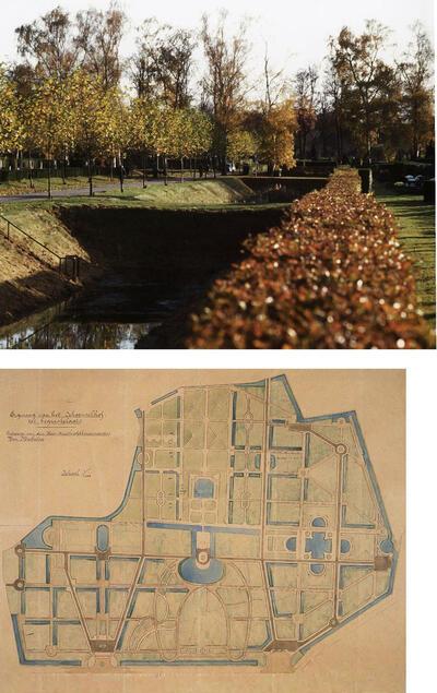 Grachten verhelpen problemen met de grondwaterspiegel. Ontwerp voor de parkbegraafplaats Schoonselhof door stadshoofdbouwmeester Alexis van Mechelen.