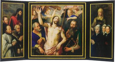 Michiel Coxcie, Triptiek met de triomf van Christus en de schenkersfamilie Morillon, 1556 - 1567, olieverf op paneel, 