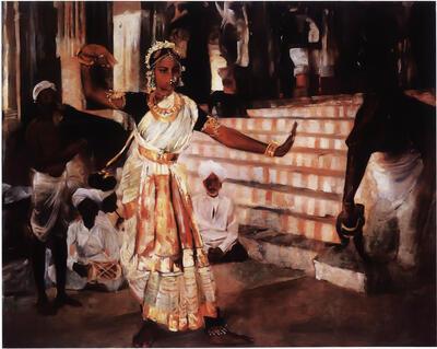 Dans voor de Tempel van Madura, olieverf op doek, Guillaume Van Strydonck, 1891 (110 x 140 cm) De reis van zes maanden naar India werd er uiteindelijk een van vijf jaar.  Charlier museum.
