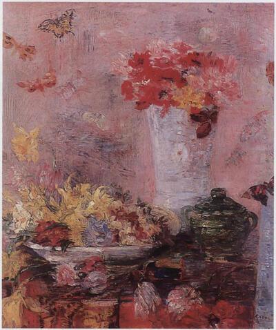 Bloemen en vlinders, olieverf op doek, James Ensor. Gekocht door Van Cutsem in 1885. Charlier museum