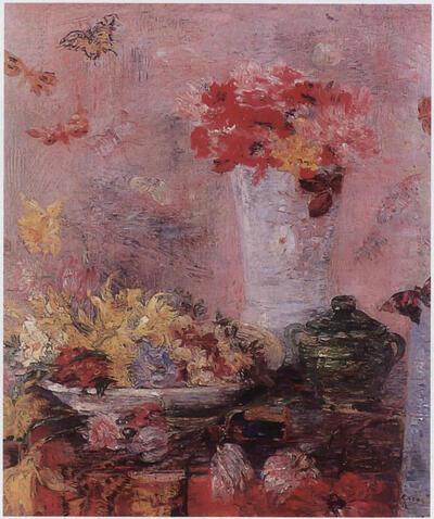 Bloemen en vlinders, olieverf op doek, James Ensor. Gekocht door Van Cutsem in 1885. Charlier museum