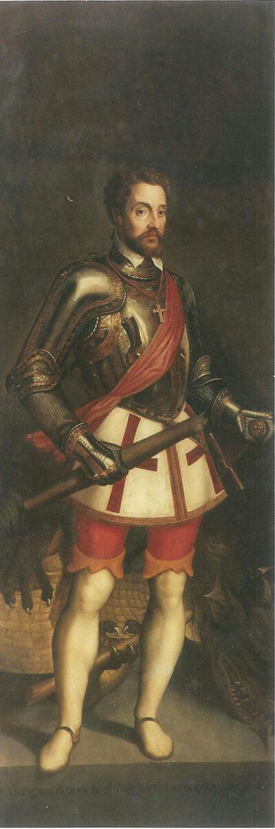 Michiel Coxcie, Linkerpaneel ven het Sint-Joristriptiek van de jonge Voetboog: zelfportret als de heilige Joris, olieverf op paneel,