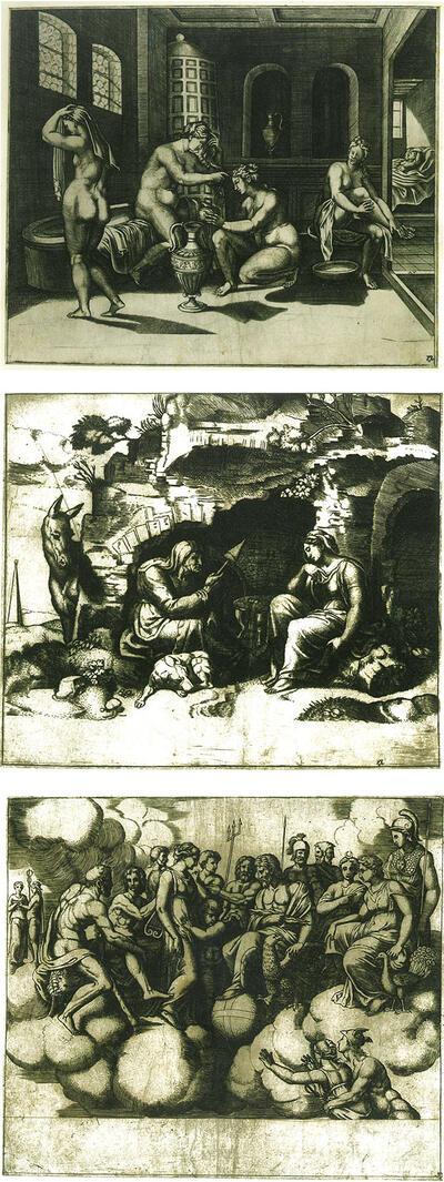 Naar Michiel Coxcie, drie taferelen uit de Psychèreeks, 1520-1536, gravure op papier,