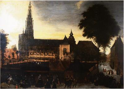 Toen men de doden nog in de stad mocht begraven. Het Groenkerkhof naast de O-L-V-kerk, [anoniem], 1597, olieverf op paneel, Parksbegraafplaats Schoonselhof,
