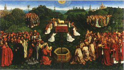 Michiel Coxcie naar Jan en Hubert van Eyck, De aanbidding van het Lam Gods, 1558, olieverf op paneel
