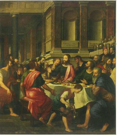 Michiel Coxcie, Triptiek met taferelen uit het leven van Christus, centraal paneel: Het Laatste Avondmaal, 1567, olieverf op paneel,