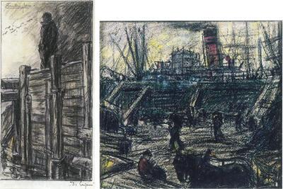 Eugeen Van Mieghem, Het lossen van het schip, 1900, pastel, Arbeid of Sterf, ca. 1900, potlood en aquarel,