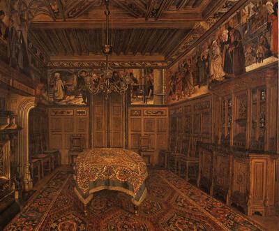 Kunstenaars: thuis bij elkaar. Henri De Braekeleer, De eettafel in de woning van H. leys, 1869, doek. Parkbegraafplaats Schoonselhof