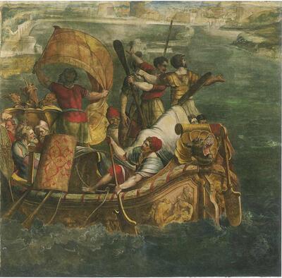 Michiel Coxcie, Topijtkorton met de landing van Scipio in Afrika, midden 1 6de eeuw, papier op canvas,