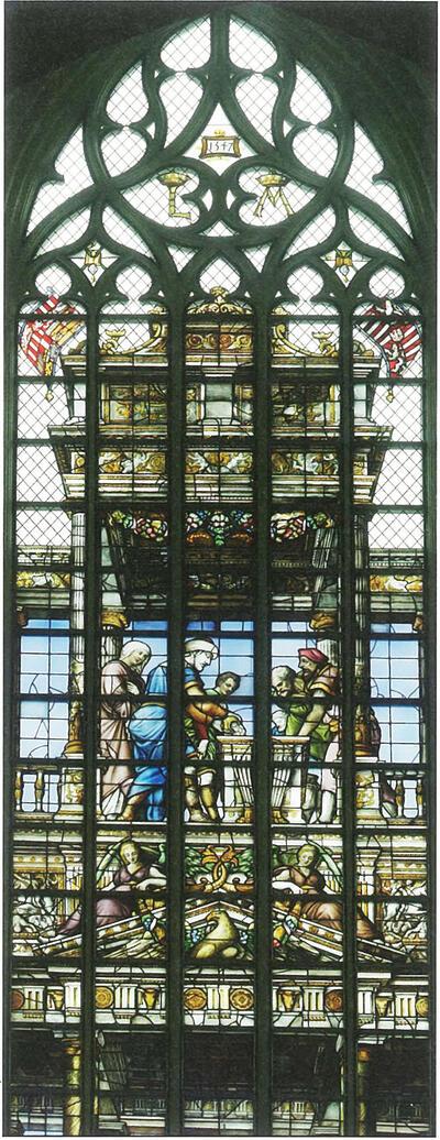 Michiel Coxcie (ontwerp), glasraam van Lodewijk II, koning van Hongarije en Maria van Hongarije, 154 7, glas in lood,